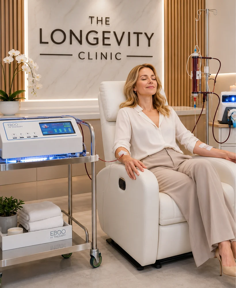 A patient relaxing during an EBOO ozone therapy session at The Longevity Clinic