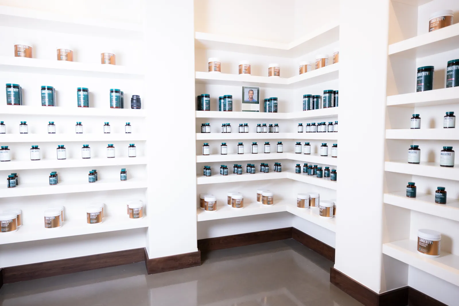 The supplement wall at The Longevity Club + Clinic in Franklin, TN