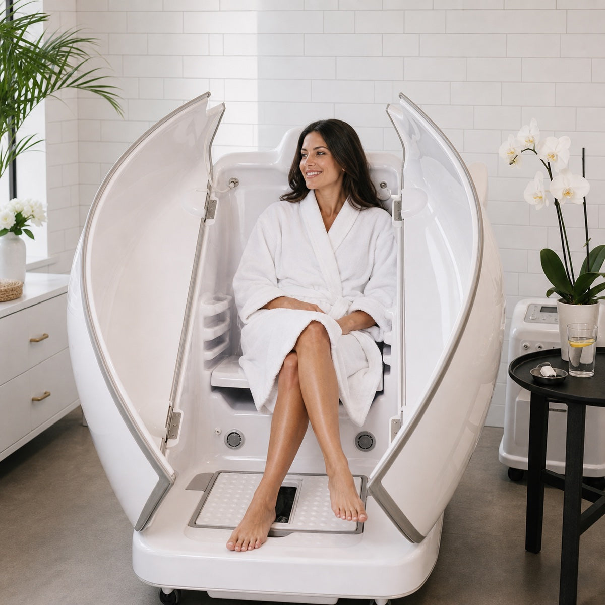 Client seated inside an open HOCATT wellness chamber at Longevity Club + Clinic in Franklin, Tennessee